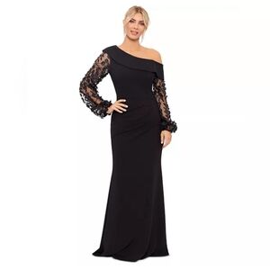 Xscape Black One-Shoulder Maxi Gown with Sheer Appliqué Sleeves